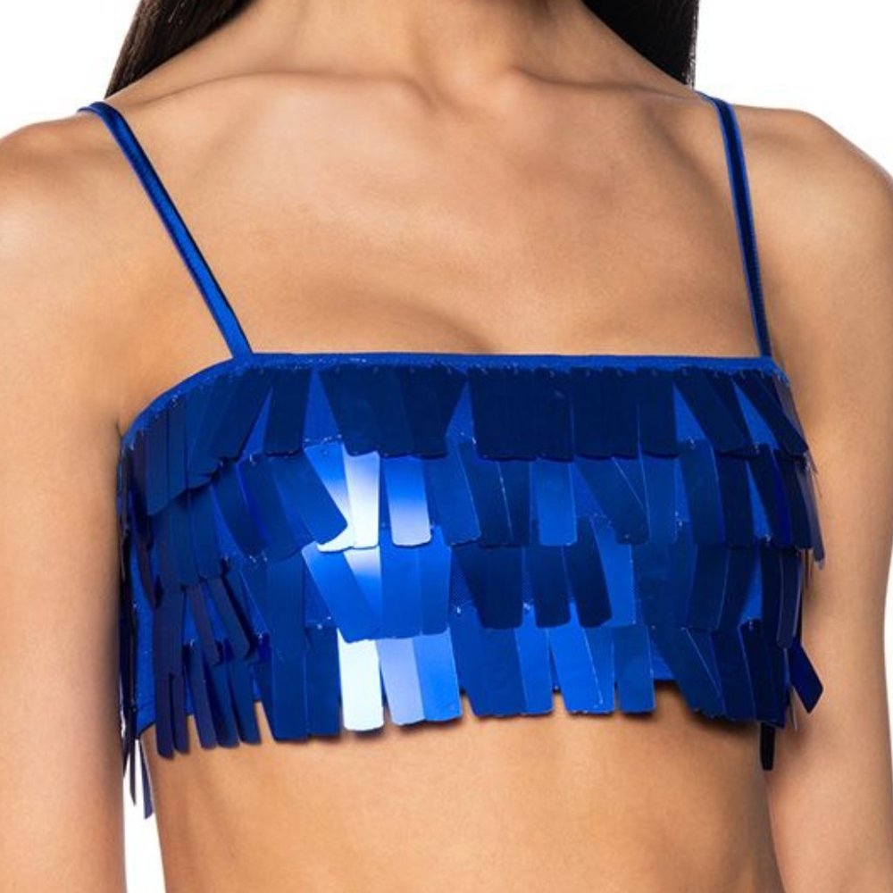 Stasia Blue Shingle Stretch Sequin Bralette Top S M L - Picture 6 of 6